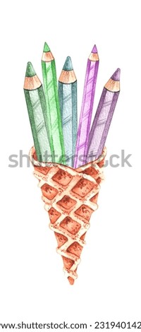 Back to school pencils in wafer cone isolated on white background. Watercolor stationery hand drawn. Colored pencils for the design of notebooks, notepads, pencils