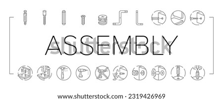 assembly furniture instruction icons set vector. manual diy, man home instructions, repair tools construction, house assemble screw assembly furniture instruction black contour illustrations Royalty-Free Stock Photo #2319426969