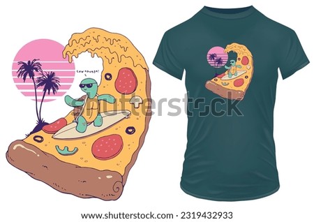 Cool happy turtle surfing on a pizza wave with a quote cowabunga. Vector illustration for tshirt, hoodie, website, print, application, logo, clip art, poster and print on demand merchandise.