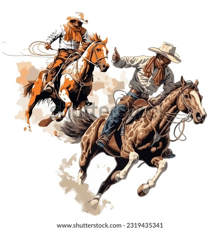 Drawing of galloping cowboys on horseback at a rodeo on a light background. For your design