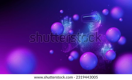 Concept of virtual reality technology. Woman wearing virtual reality headset connected to the virtual space. Vector illustration. Royalty-Free Stock Photo #2319443005