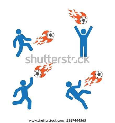 Person player play with fire football soocer ball icon set