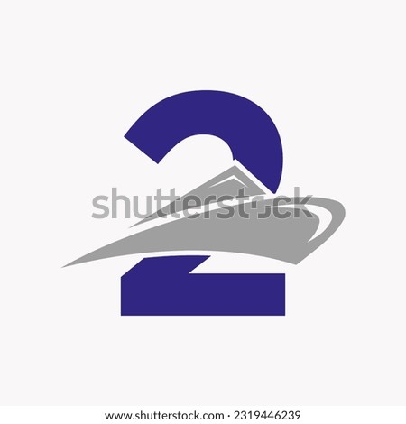 Letter 2 Cruise Ship Logo Boat Icon. Yacht Symbol, Marine Logotype Vector Template