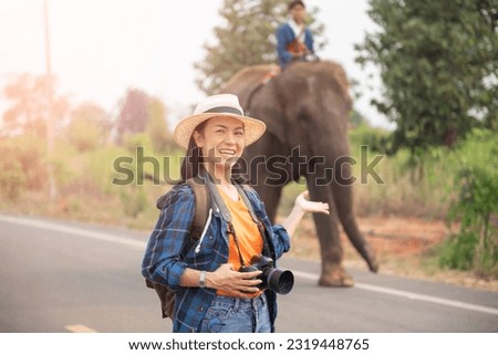 female traveler holding the camera for taking pictures. woman traveler with backpack holding hat and looking at amazing  watching elephants, wanderlust travel concept, atmospheric epic moment.
