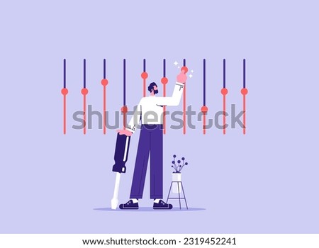 Businessman moves different sliders, adjusts various parameters. Concept of custom settings, male user customize settings, system adjust, control panel Royalty-Free Stock Photo #2319452241
