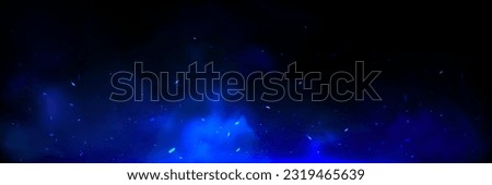 Blue fire overlay with spark ember flame and smoke realistic background. Flying light ice energy particle. Neon burnt steam texture. 3d twinkle shine of cold powder in air panoramic vector witchcraft