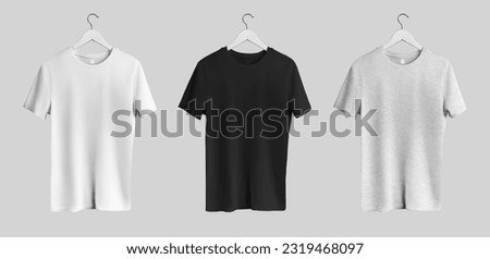 Mockup of white, black, heather T-shirt on hanger, front view, men's clothing isolated on background. Shirt presentation template for advertising, commerce. Apparel set for brand design.