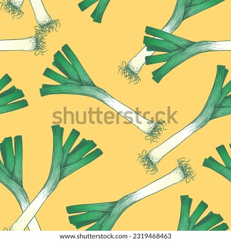 Green leek vector pattern, engraving style. Design for wallpapers, textiles, paper, cafes and restaurants. Onions, herbs, aromatic spices of Italian, French cuisine. Royalty-Free Stock Photo #2319468463