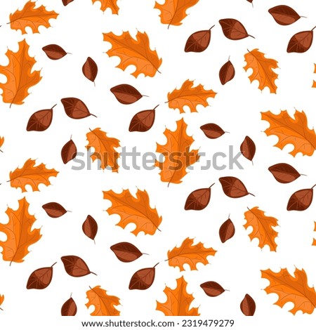 A pattern of autumn leaves in brown and orange tones. Fallen leaves. Flat design. Great for creating backgrounds, clothing and editorial design, postcards, gift wrapping paper, home decor, etc