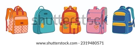 Set of colorful school bags different shapes. Collection of backpack for children. Hand drawn vector vector illustration isolated on white background. Modern flat cartoon style. Royalty-Free Stock Photo #2319480571