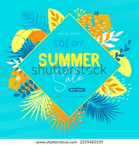 Colorful summer big sale tropical  banner with tropic leaves. Summertime background. Vector illustration