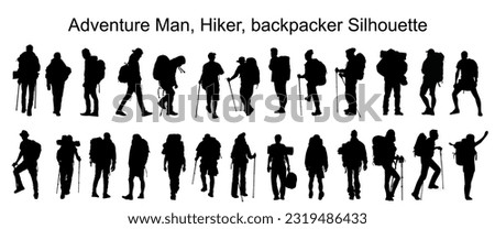 Hiker Silhouettes. hiking man with rucksacks silhouette. People with backpack vector silhouettes. mountaineer climber hiker people. Backpacker. woman hiker. Royalty-Free Stock Photo #2319486433