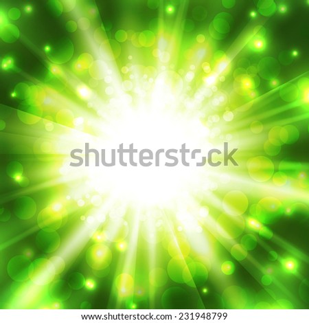 Abstract vector decoration banner with magic green light and bright sparkle in center for disco party flyer template or screen wallpaper. Star burst with long rays or explosion illustration