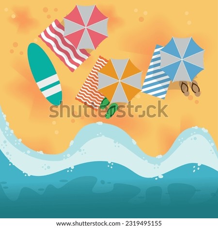 Summer vacation. Beach with waves, colorful umbrellas, towels and green surfing board