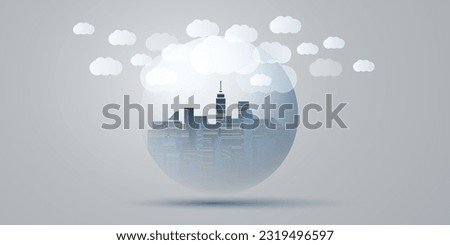Blue, Grey and White Smart City, Cloud Computing Design Concept with Transparent Globe and Cityscape, Tall Buildings and Skyscrapers Inside - Digital Network Connections, Modern Technology Background