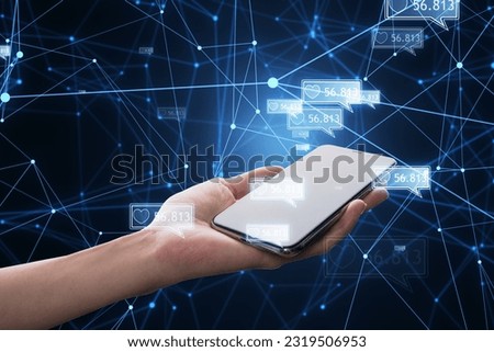 Concept of network and internet communication. Close up of female hand holding mobile phone with creative polygonal likes network on blurry background. Double exposure