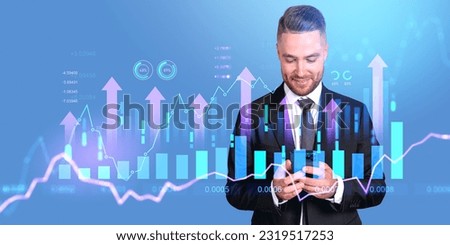 Businessman working with phone, double exposure virtual screen with bar chart hud, growing arrows and lines with numbers. Concept of financial analysis, investment and profit