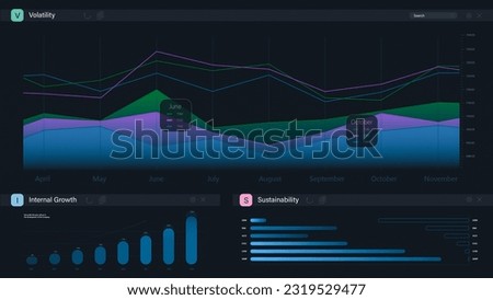 3D Render: Professional Business Management Software On Dark Background With Financial Chart About Growth And Sustainability. Application For Entrepreneurs. Mockup Template For Computers And Laptops.
