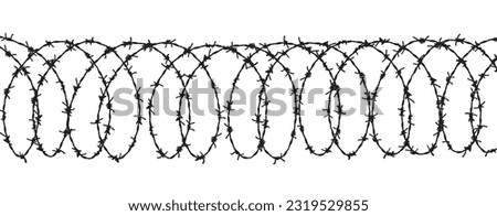 Barbed wire vector fence barbwire border chain. Prison line war barb background metal silhouette Royalty-Free Stock Photo #2319529855