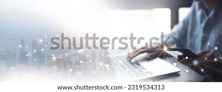 Digital technology, internet network connection, digital marketing IoT internet of things. Woman using mobile phone and laptop computer connecting the internet, technology background, cloud computing
