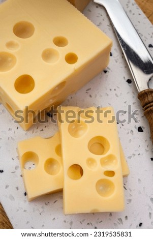 Cheese collection, block of french hard cheese with holes emmentaler close up Royalty-Free Stock Photo #2319535831
