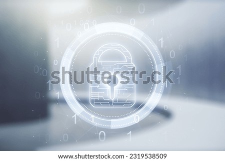 Virtual creative lock sketch with chip hologram on empty classroom background, protection of personal data concept. Multiexposure