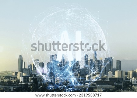 Creative artificial Intelligence symbol hologram on Los Angeles cityscape background. Double exposure