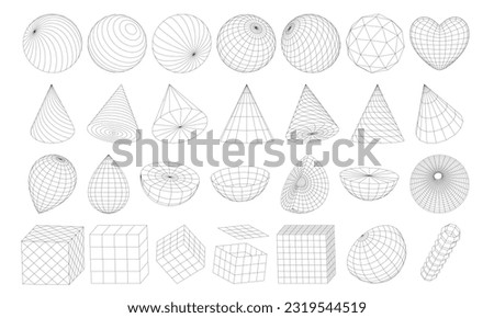 A set of frame geometric shapes. Surface grid and sphere ball, cubes, cones, hemispheres, heart. Retro futuristic grids, 3D mesh objects. Isolated Vector Graphic elements inspired by cyberpunk style Royalty-Free Stock Photo #2319544519