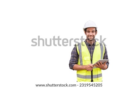 Male construction engineer holding tablet with text-copy space, white background. Royalty-Free Stock Photo #2319545205