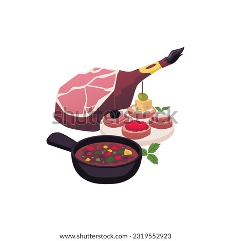 Spanish delicatessen and cuisine composition including Jamon and appetisers, flat vector illustration isolated on white background. Spanish cuisine menu dishes.