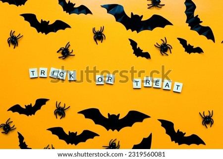 
Trick or treat inscription. Flat lay halloween. The bats