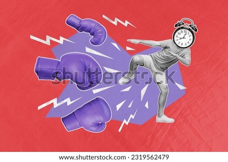 Artwork collage picture of black white colors mini guy bell ring clock instead head fight big boxing gloves isolated on red background