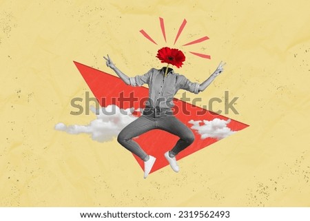 Collage portrait of carefree black white effect girl jump flying clouds demonstrate v-sign flower instead head isolated on beige background