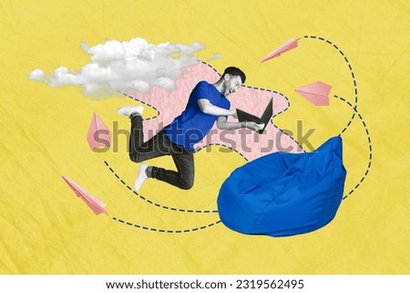 Creative collage picture of black white colors guy use netbook flying paper message airplanes clouds sky beanbag isolated on yellow background