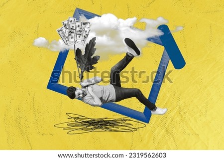 Creative collage of impressed mini black white effect guy wooden photo frame hold dollar tree bills leaf falling isolated on yellow background