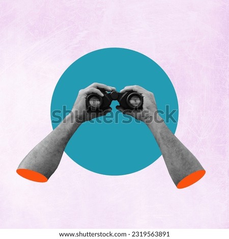 Planning and analytics, art collage. Art collage, hand with binoculars on a light pink background.