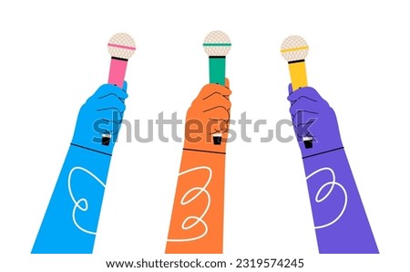 Diverse people hands holding microphones. Colorful vector illustration 
