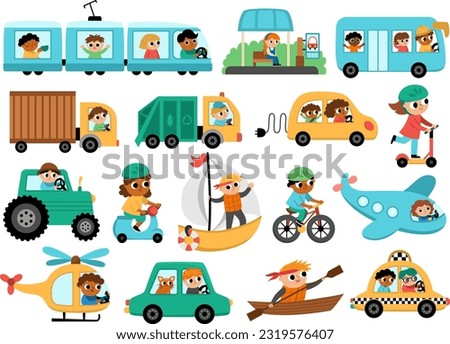 Vector transportation set with children. Funny water, land, air transport collection with drivers for kids. Cars and vehicles clip art. Cute car, train, truck, bus, plane, icons with passengers
