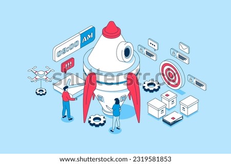 Startup concept in 3d isometric design. People with creativity and entrepreneur ambitions creating new project, planning, attracting investment. Vector illustration with isometry scene for web graphic