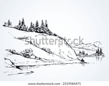 Cliff calm remote Alps scene on high riverbank. Line black ink hand drawn sad lone young girl on space for text on white sky. Wild Alpine waterfront pond peace view picture in art vintage doodle style