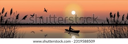 Vector background illustration, view of a boat with a man on the lake against the backdrop of the sun, flying birds and reed silhouettes, ecology, nature, flora, fauna, national parks. Royalty-Free Stock Photo #2319588509