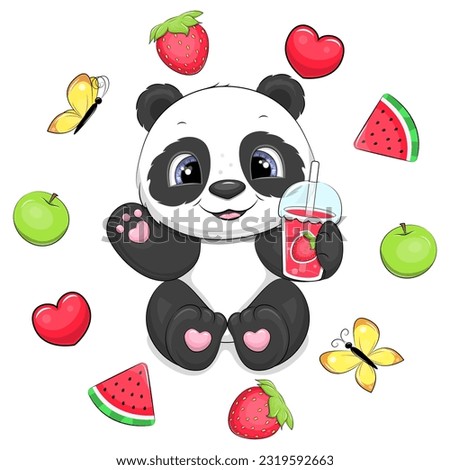 Cute cartoon panda with strawberry juice sits in a fruit frame. Vector illustration of an animal on a white background.