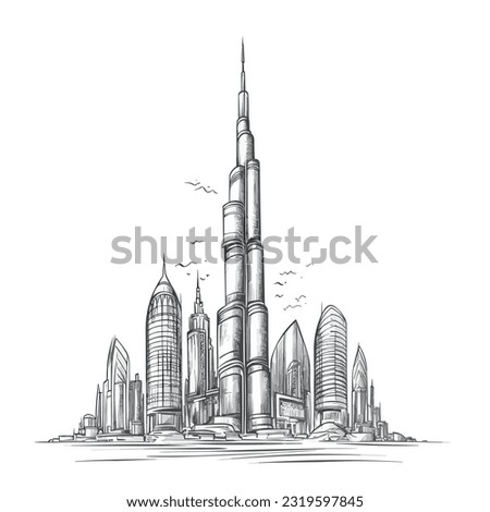 Black and white illustration of building in Dubai Royalty-Free Stock Photo #2319597845