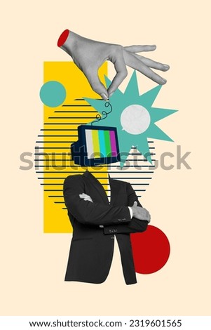 Composite collage image of man crossed hands propaganda victim monitor instead head white noise no signal fake news control minds Royalty-Free Stock Photo #2319601565