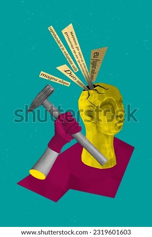 Photo cartoon comics sketch collage picture of arm broking hammer statue isolated creative background