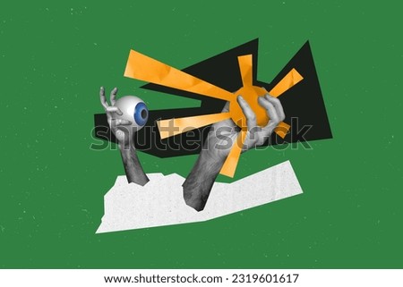 Picture magazine 3d artwork collage magazine of two human arms hold eye looking sun sunbeam isolated on drawing green color background