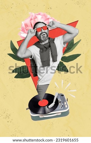 Magazine picture sketch collage image of excited mature guy looking glasses listening vinyl songs isolated creative background