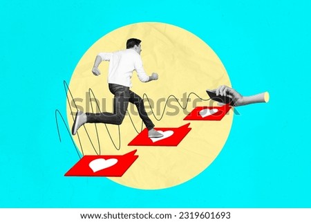 Photo template collage design of funny running blogging man way to success popularity phone income likes isolated on aquamarine background Royalty-Free Stock Photo #2319601693