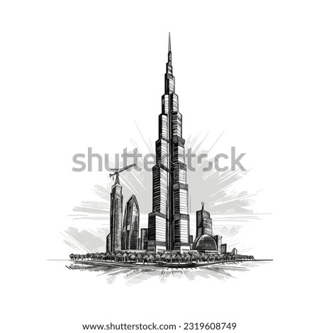 Black and white illustration of building in Dubai Royalty-Free Stock Photo #2319608749