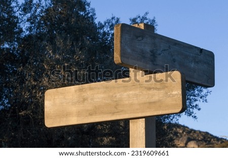 Empty wooden pole with two directions at dusk on dehesa landscape. Blue sky background